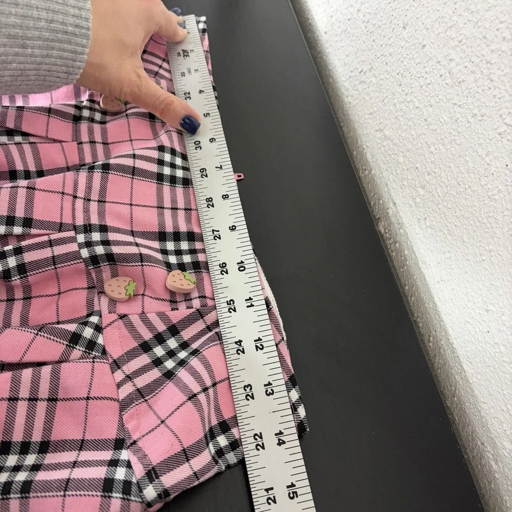 Y2K Hot Topic Baby Pink Strawberry Button Lace Detail Pink Plaid Mini Skirt SM - Picture 7 of 8